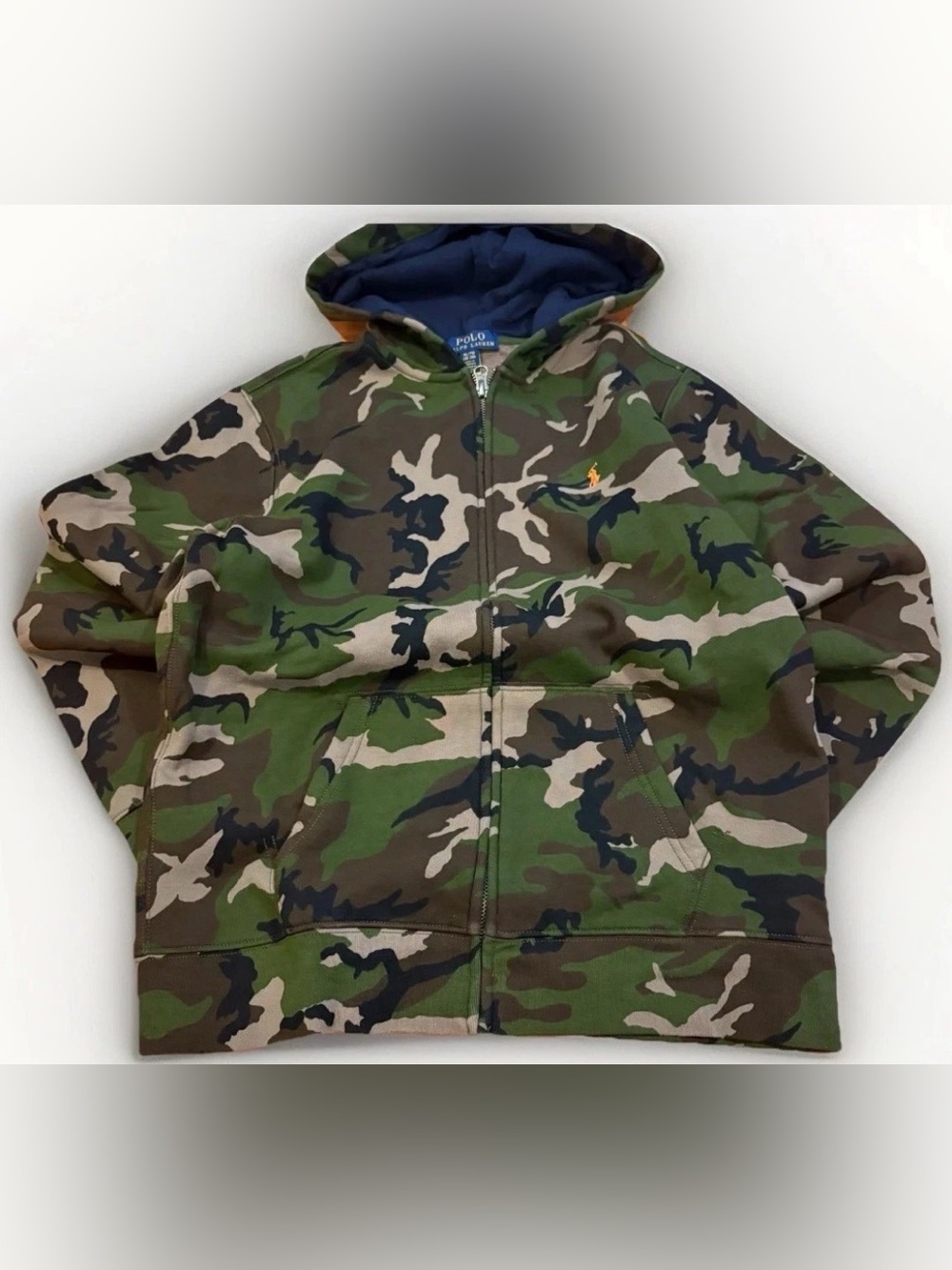 Polo Ralph Lauren Zip Up Hoodie Woodland Camo Kids Size XL (18/20) Orange Pony